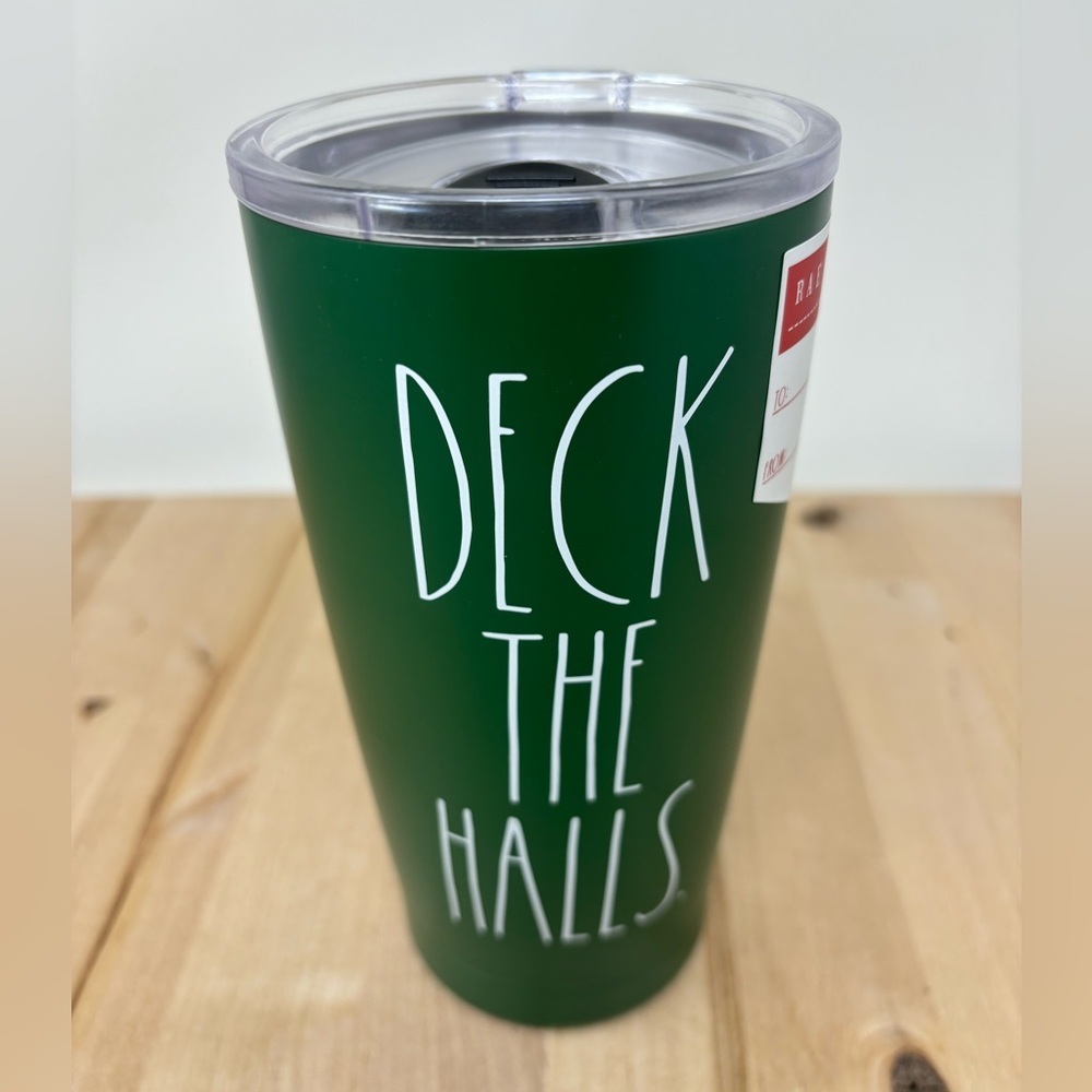 Rae Dunn DECK THE HALLS Tumbler Green Stainless Steel Slide Lock Top Black LL